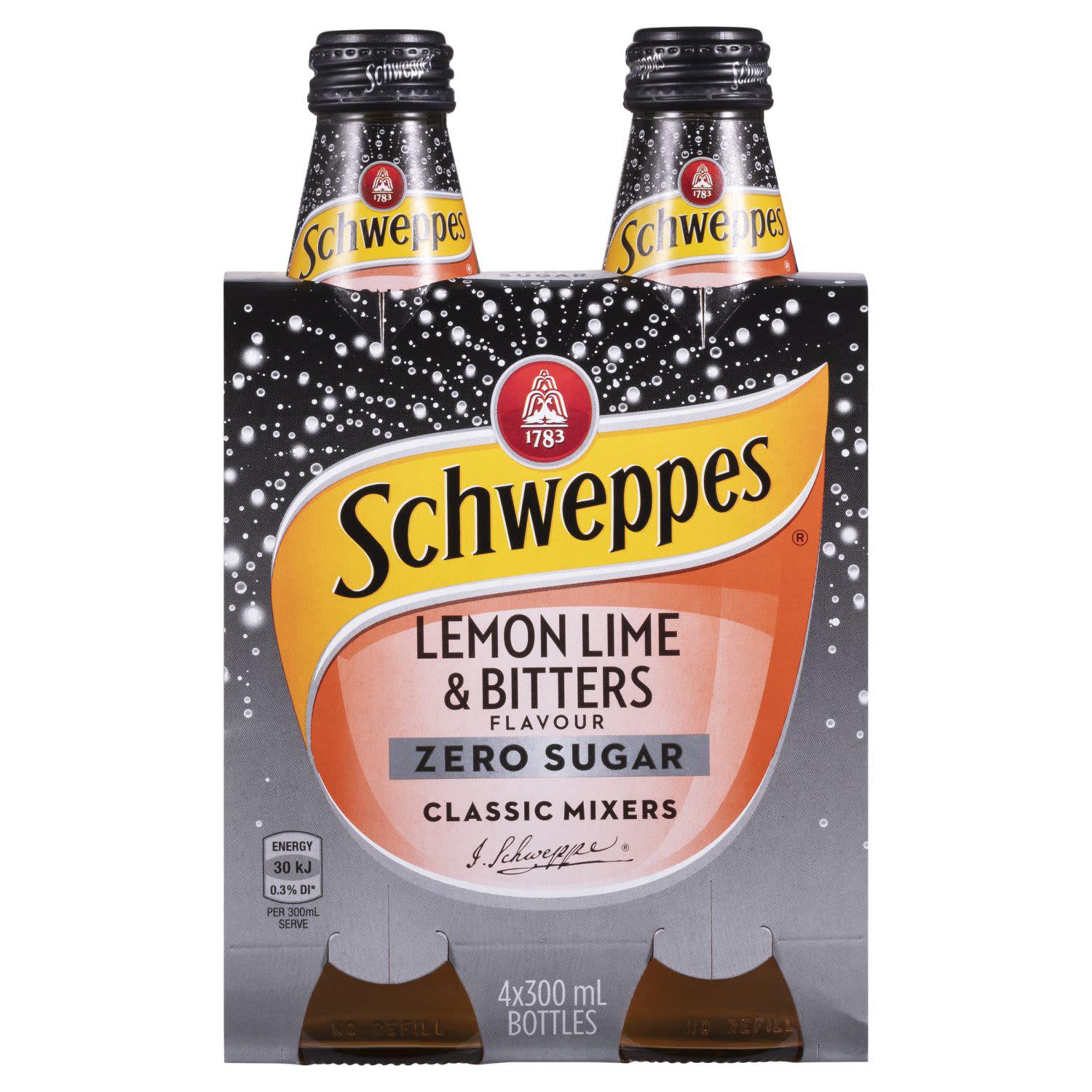 Schweppes Classic Mixers Lemon Lime & Bitters Zero Sugar (4 Pack) 300mL