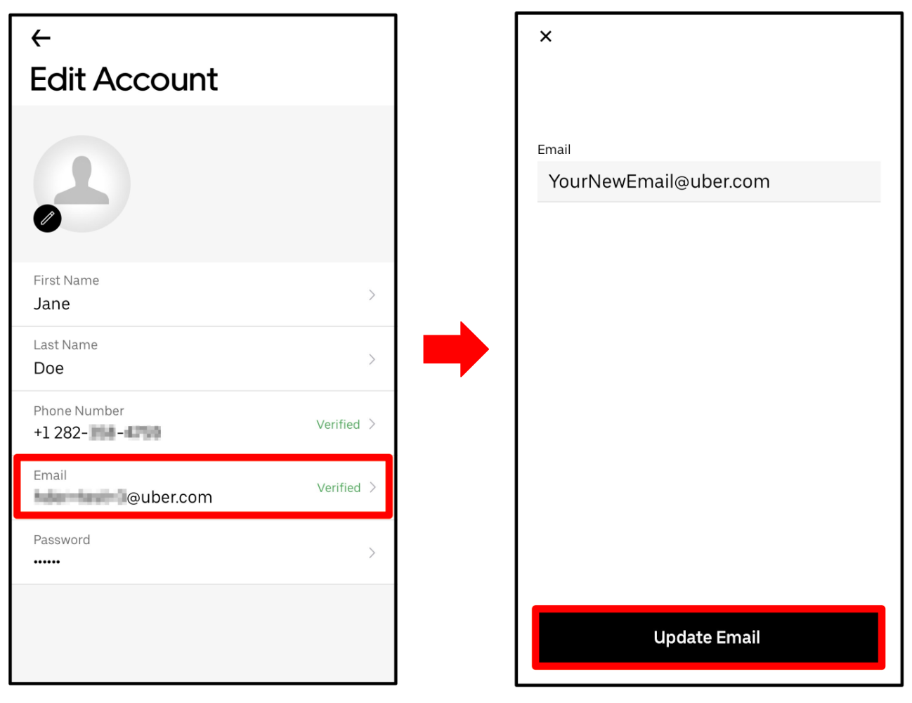 Screenshot highlighting email address field and update email button