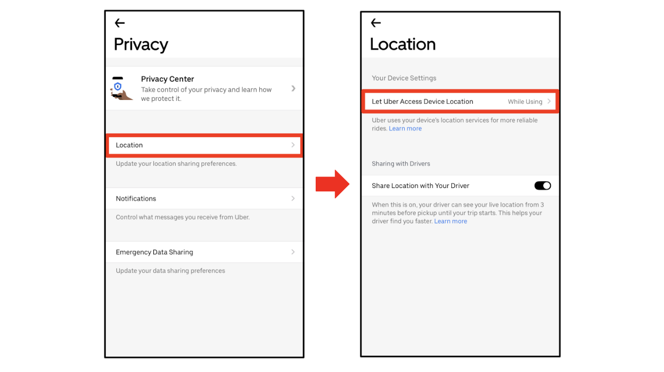 Screenshots showing an example of a phone's location settings