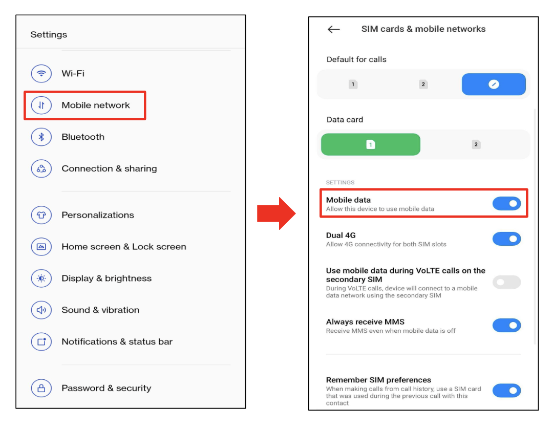 Capture d'écran des paramètres du téléphone pour mobile lorsque les données sont activées