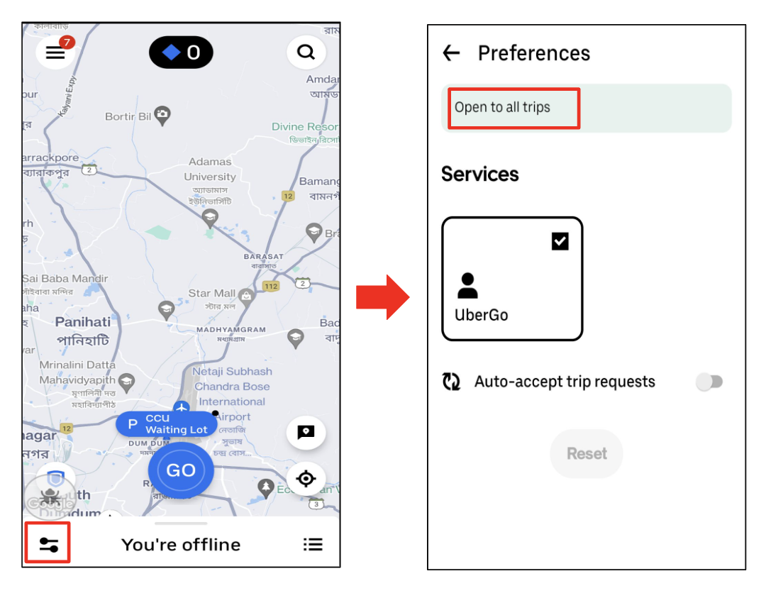 Screenshot of user opening preferences page and selecting all trip types.