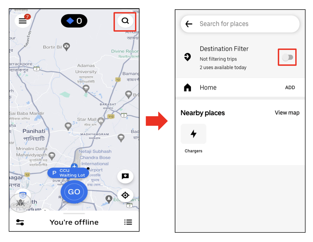 Capture d'écran de l'utilisateur désactivant le filtre de destination