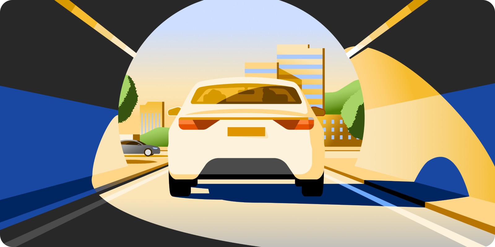 Illustration of a car exiting a tunnel, into broad daylight. The image is angled from behind the car.