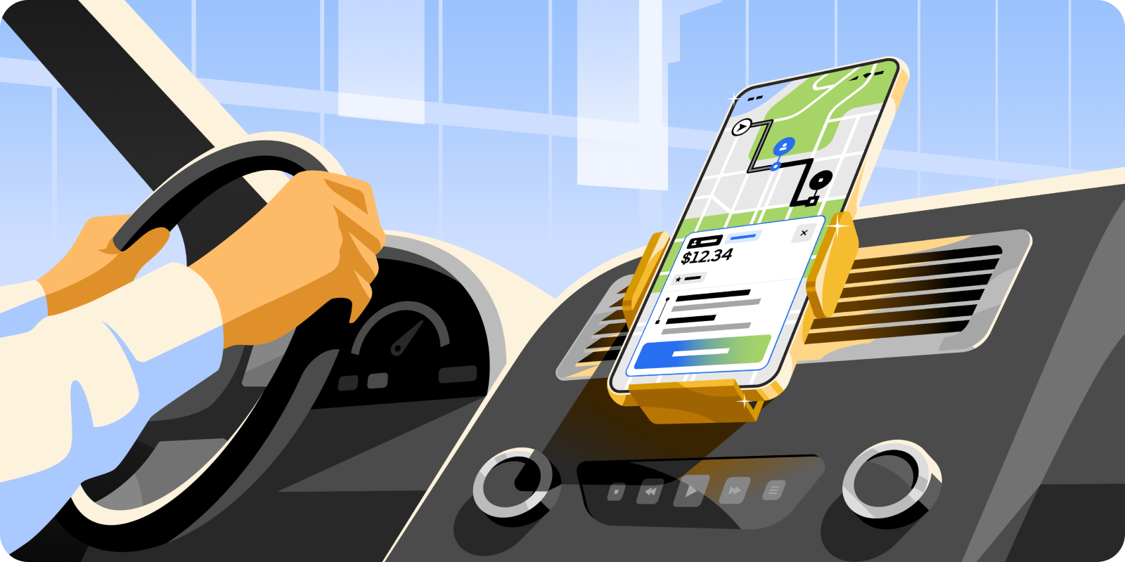 A close-cropped illustration of the interior of a car. The driver's hands on the steering wheel, and a mobile phone attached to the dash, showing a UI screen from the Driver app. The image is from a front passenger's perspective.