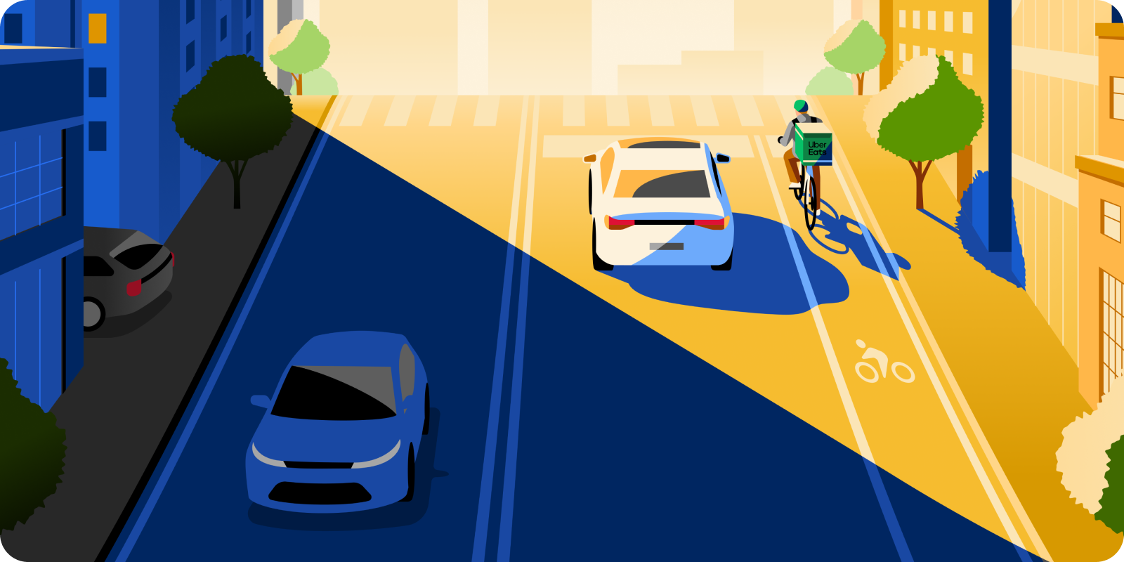 An illustration of a city street, with a car going in each direction, and a cyclist riding down the street. The image is angled from above, looking down the length of the street.