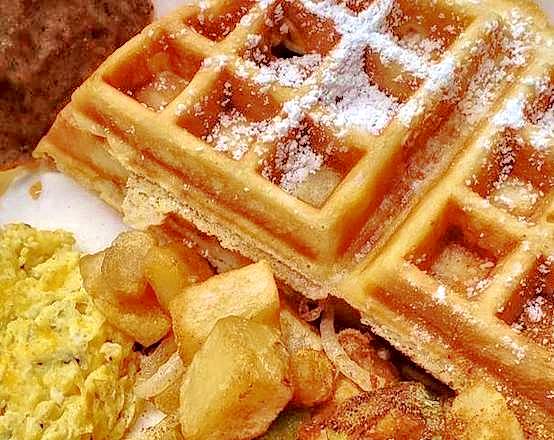 Waffle scramble eggs and turkey bacon