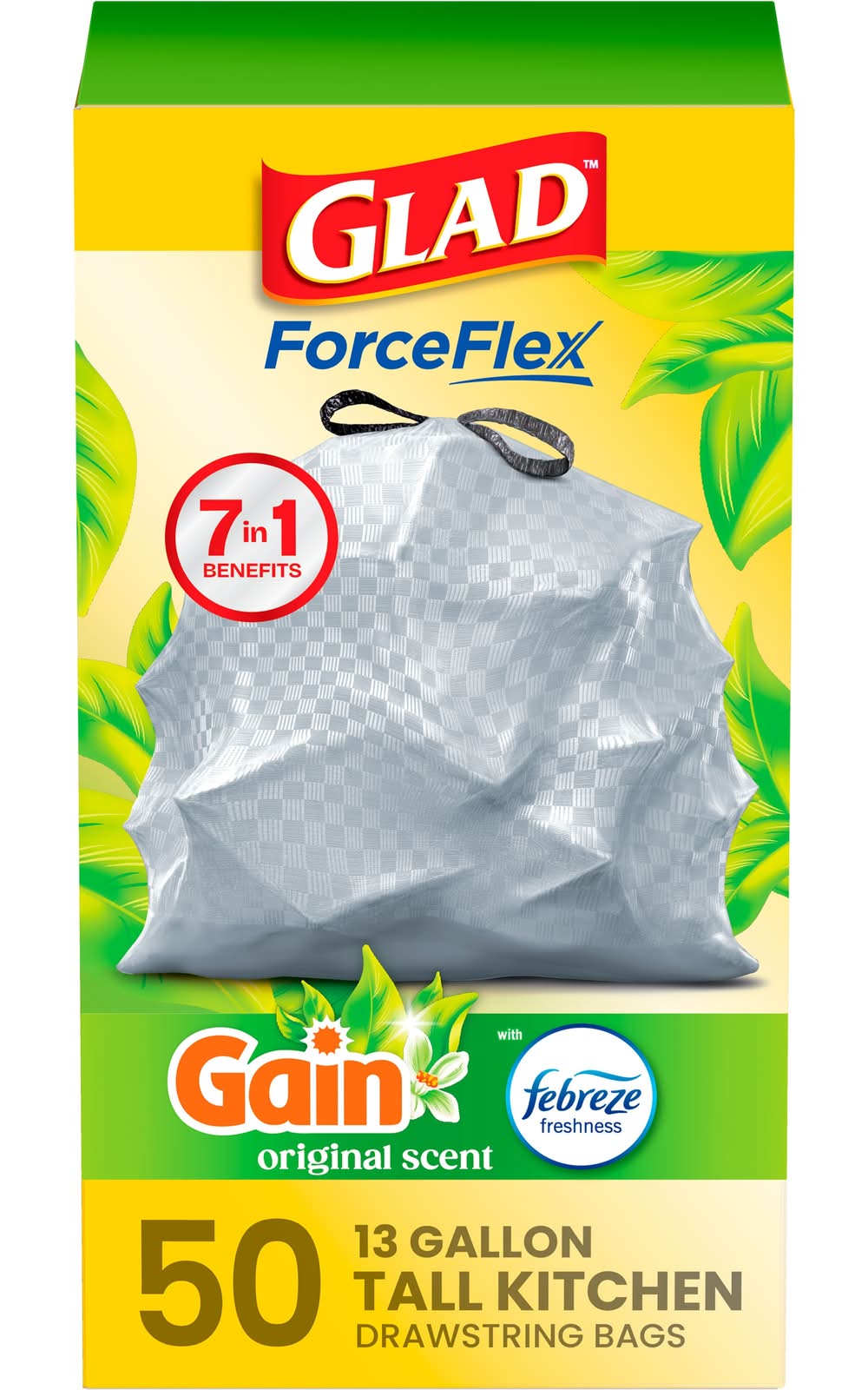 Glad ForceFlex 13.0-Gallon Gain original White Indoor Plastic Kitchen Drawstring Trash Bag 50 -Count