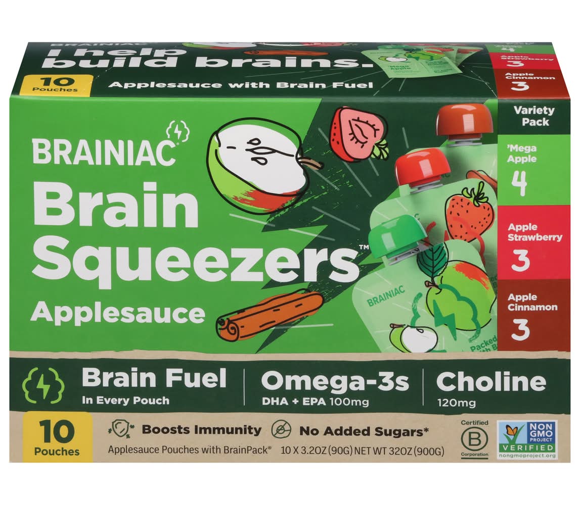 Brainiac Applesauces Brain Squeezers Variety pack, Assorted (10 x 3.2 fl oz)