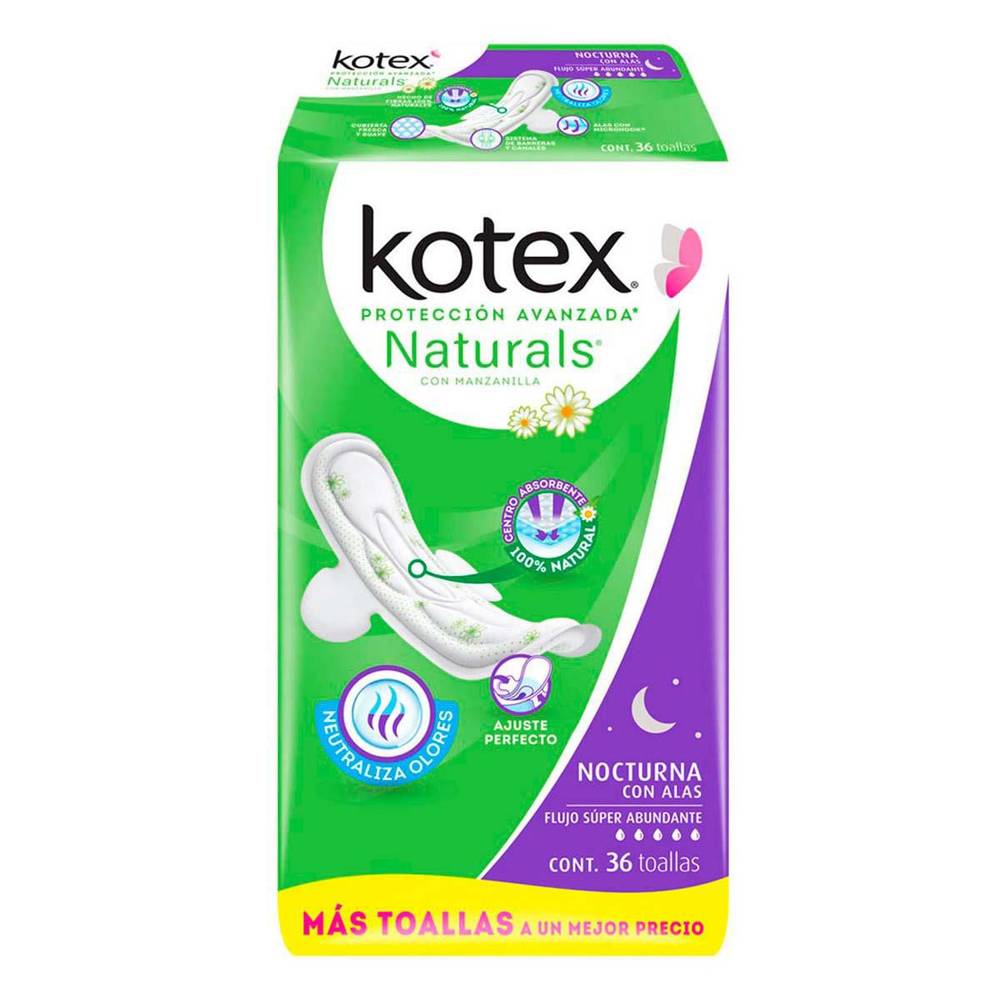 Kotex · Toallas naturals nocturna con alas con manzanilla (36 un)