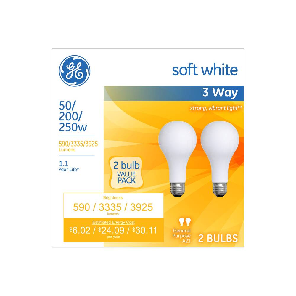 GE Soft White 50-200-250W Incandescent 3-Way Frosted A21 Light Bulbs, 2 ct