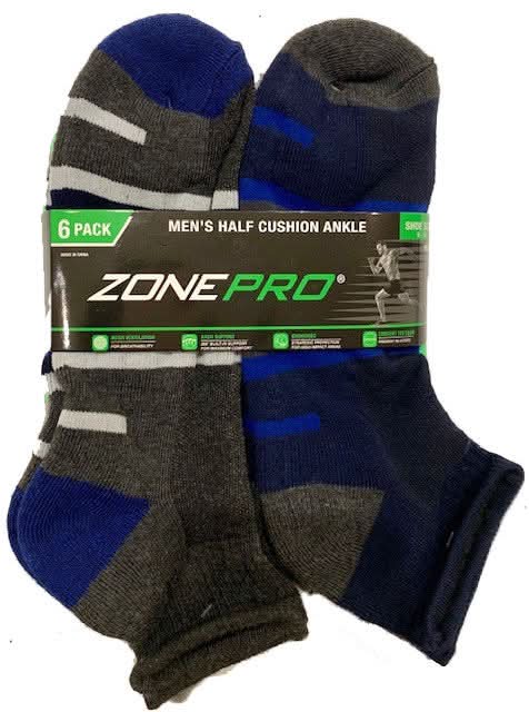 Zone Pro Men'S Half Cushion Ankle Socks 6 Ct