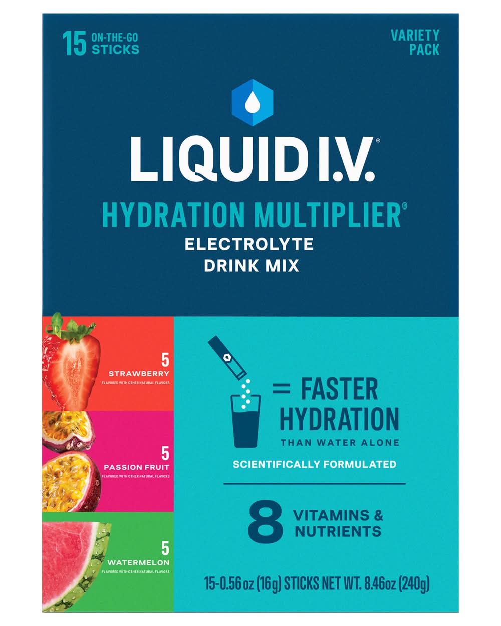 Liquid I.V. Hydration Multiplier Electrolyte Drink Mix Variety pack, Strawberry-Passion Fruit-Watermelon (15 x 0.56 oz)