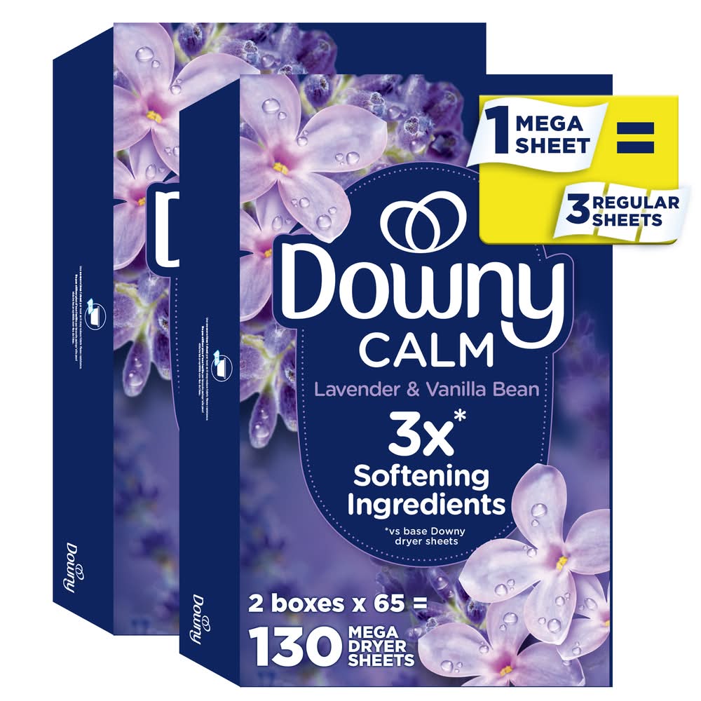 Downy Infusions Calm Fabric Softener Mega Dryer Sheets, Lavender & Vanilla Bean, 8.7x12.6 in (130 ct)