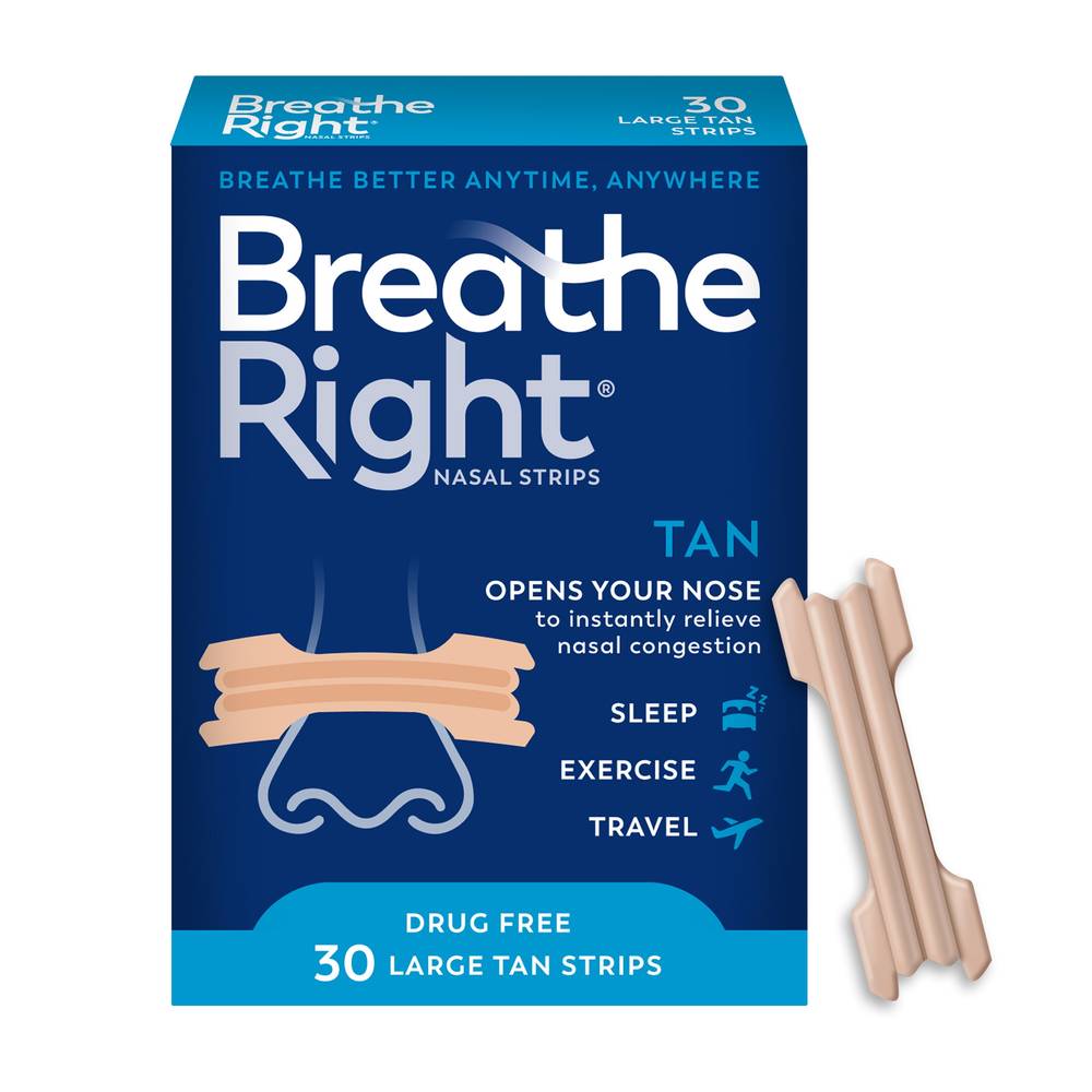 Breathe Right Nasal Strips to Stop Snoring, Drug-Free, Original Tan Large, 30 CT