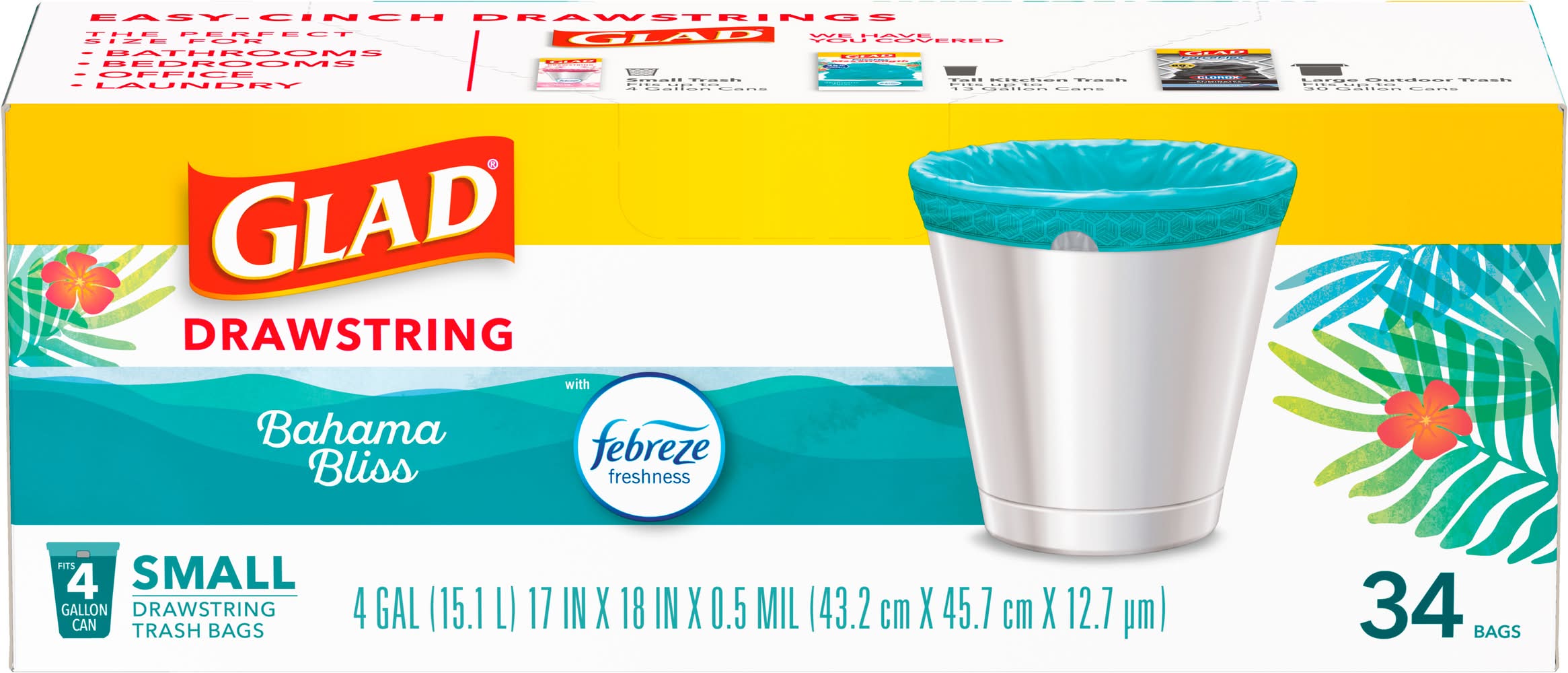 Glad Drawstring Trash Bags 4 Gal, Febreze Bahama Bliss, S, Teal (34 ct)