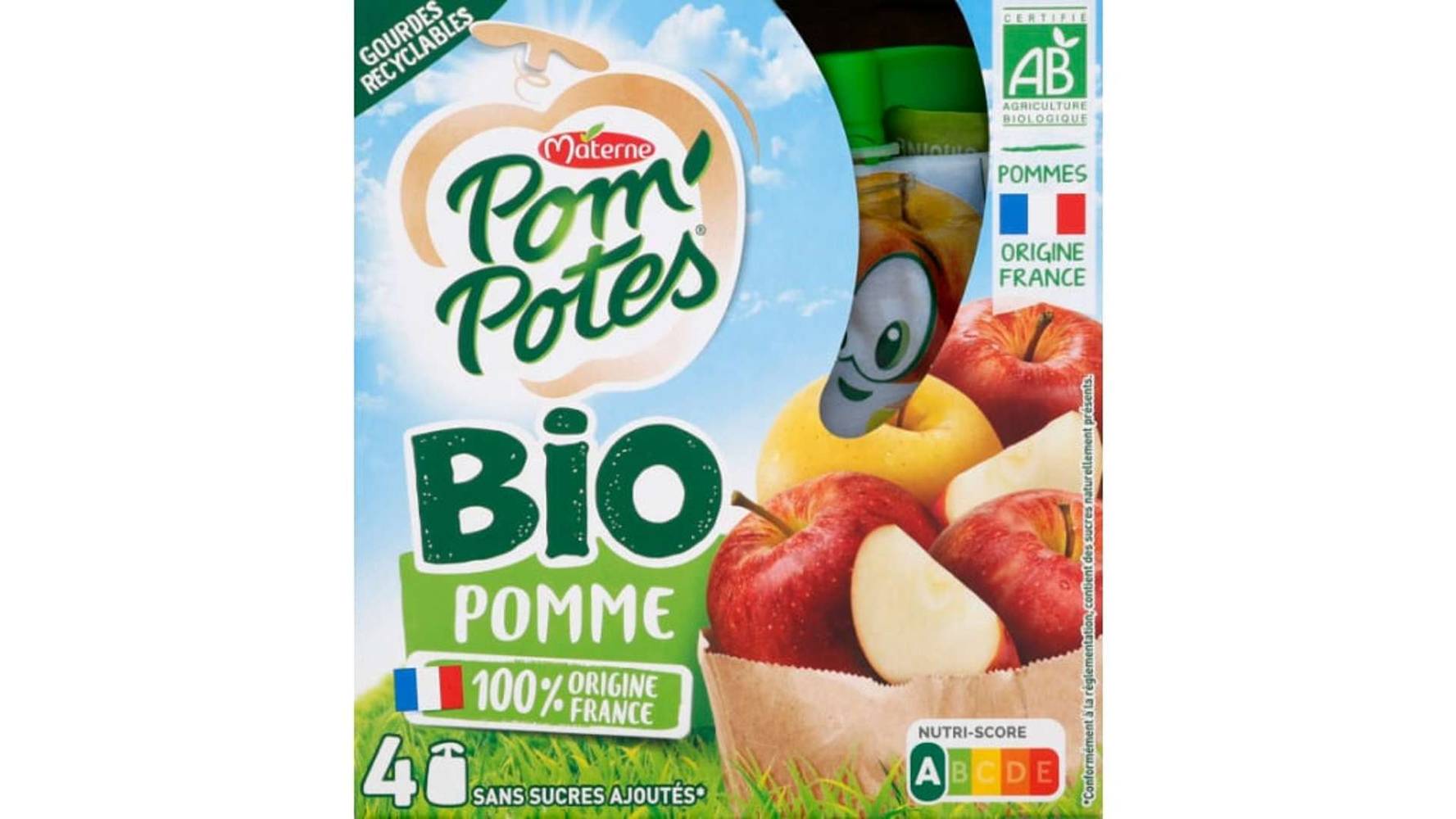 Materne - Pom'potes compote bio pomme nature 30% de sucre en moins (4 pièces)