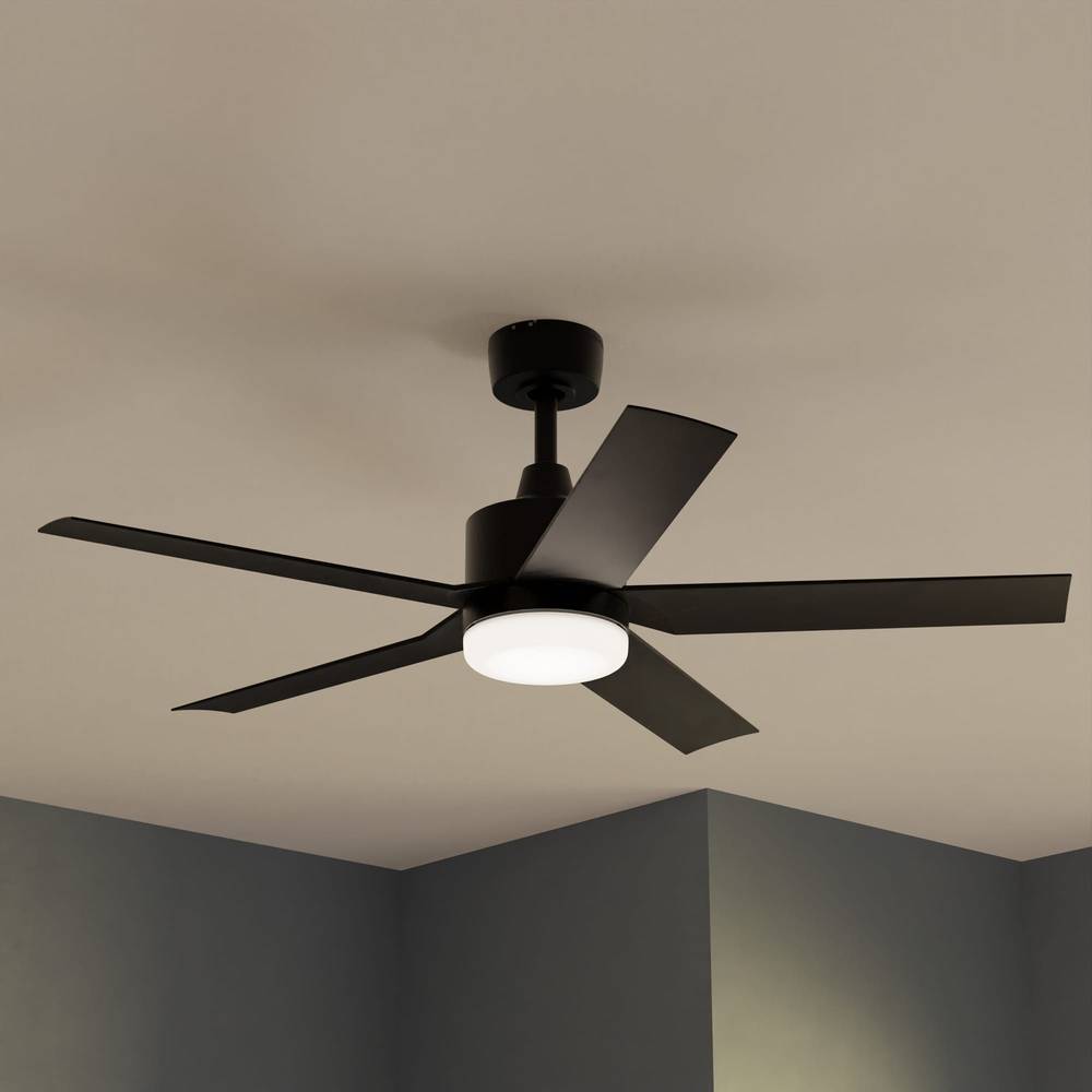 Harbor Breeze Reidsport 44-in Matte black Color-changing Integrated LED Indoor/Outdoor Downrod or Flush Mount Ceiling Fan with Light and Remote (5-Blade) | RDS44MBK5LR