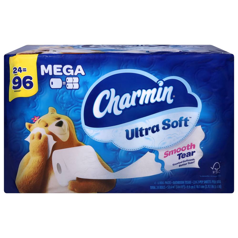 Charmin Ultra Soft 2-ply Mega Roll Smooth Tear Bathroom Tissue, 9.9 cm x 10.1 cm , White (24 ct)