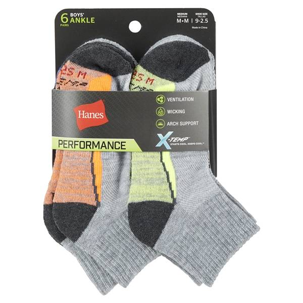 Hanes Boys' X-Temp Quarter Socks, Gray, 6 Pack, Size Medium