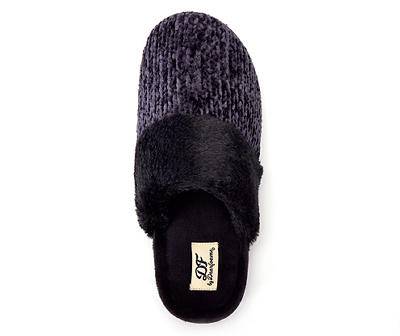 DF by Dearfoams Women's Chenille & Faux Fur Cuff Slipper, Female, L, Black