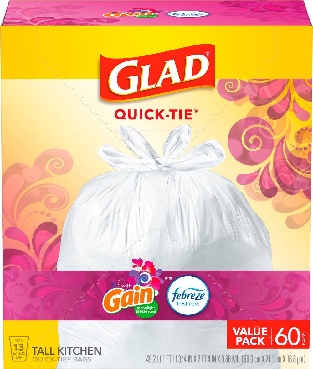 Glad Tall Kitchen Quick Tie Trash Bags 13 Gal Capacity, Moonlight Breeze (60 ct)