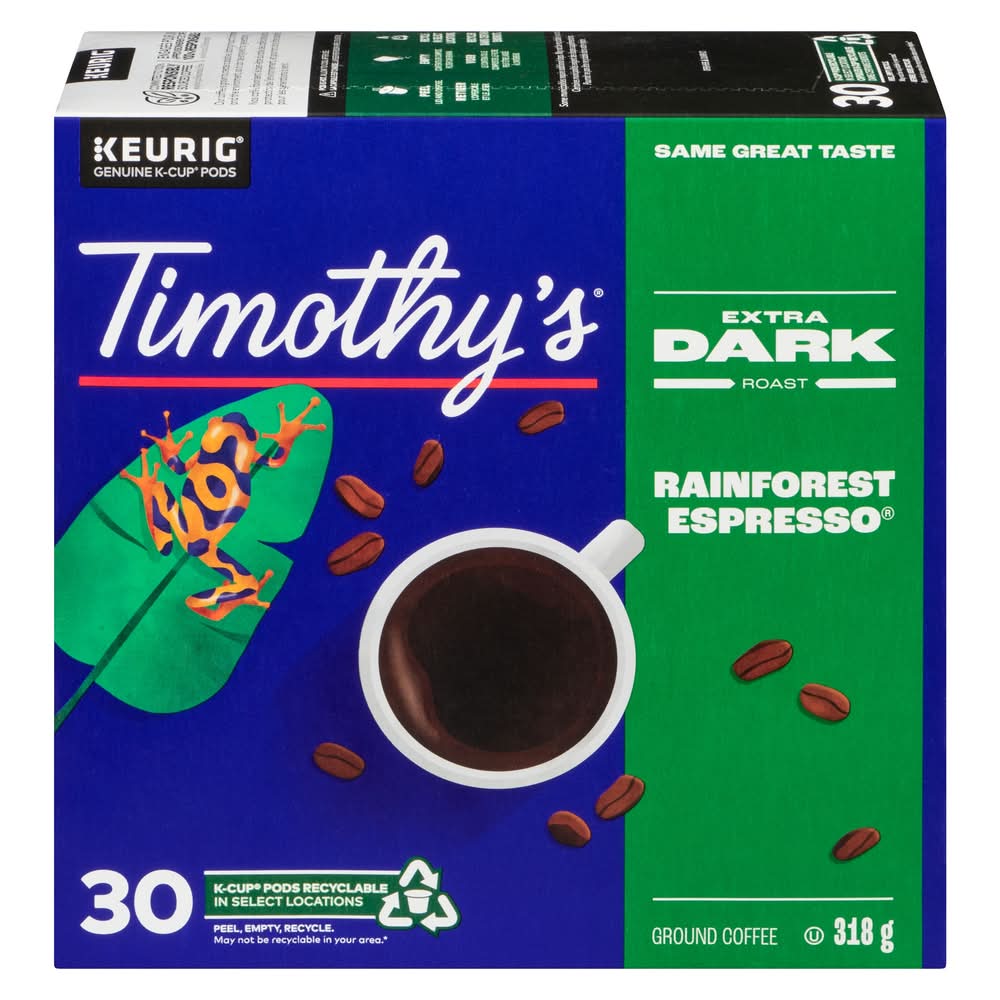 Timothy’s Extra Dark Ground Coffee Pods, Rainforest Espresso (30 ct)