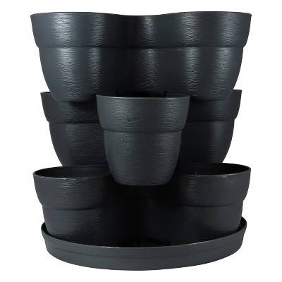 Emsco 4pc Bloomers Stackable Flower Tower Indoor Outdoor Tiered Planter Includes 3 Planter Pots 1 Saucer Charcoal 13.875"x13.875"x6.5"