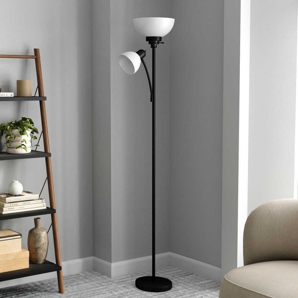 Style Selections 71-in Matte Black Torchiere with side-light Floor Lamp with Plastic Shade