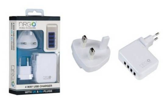 NRG 4 Way USB Charger With UK & EU Plugs