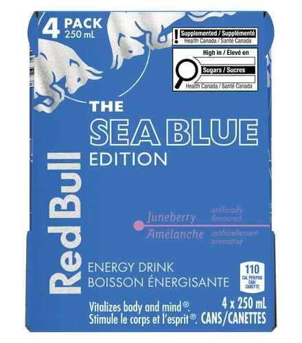 Red bull boisson énergisante édition bleu mer - sea blue edition energy drink (4 pièces, 250 ml) (amélanche)