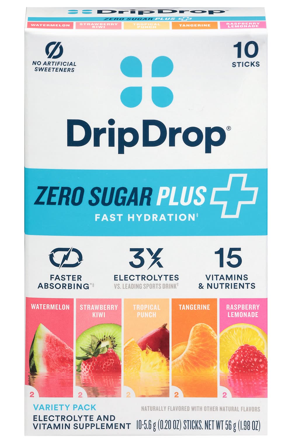 Drip Drop Zero Sugar Plus Fast Hydration Electrolyte Powder, Watermelon-Strawberry Kiwi-Tropical Punch-Tangerine-Raspberry Lemonade (10 x 0.2 oz)