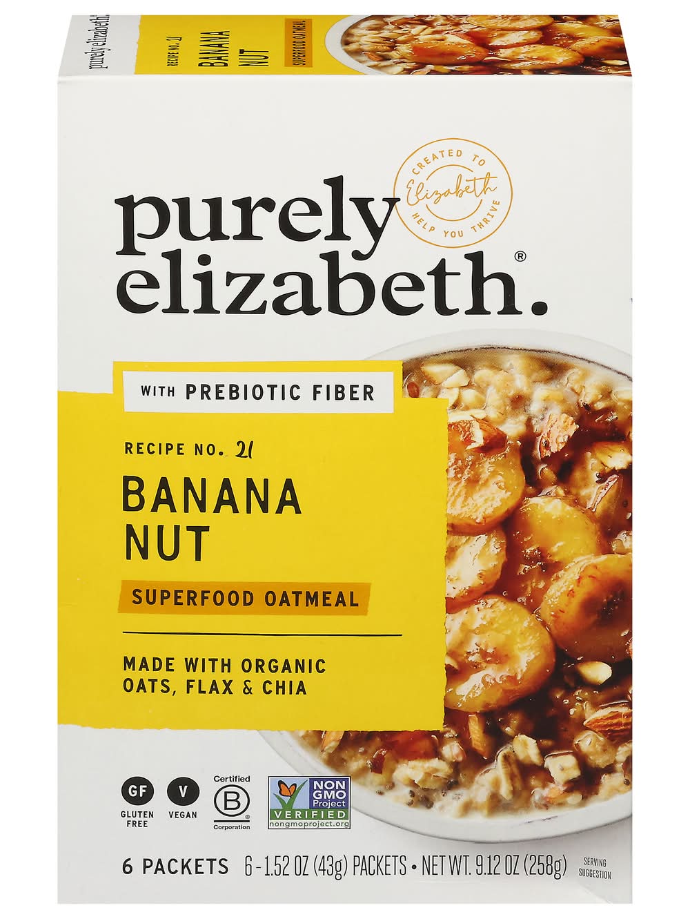 Purely Elizabeth Superfood Oatmeal With Prebiotic Fiber, Banana Nut (1.52 oz, 6 ct)
