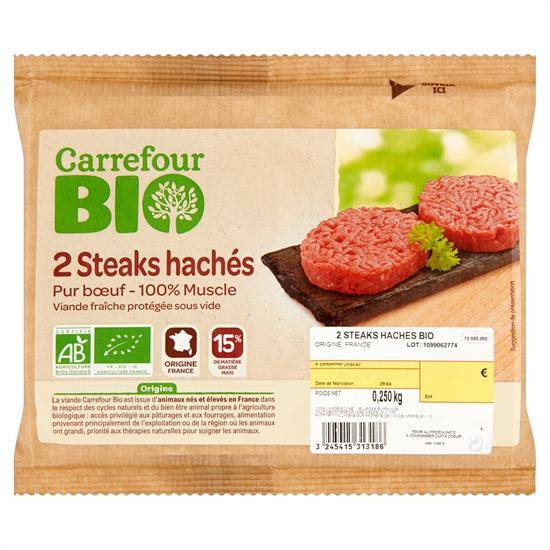 Steaks hachés viande bovine Bio 15% MG CARREFOUR BIO - le sachet de 2 steaks de 125g - 250g