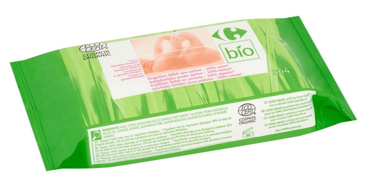 Carrefour Bio Lingettes Bébé sans Parfum 64 Pièces