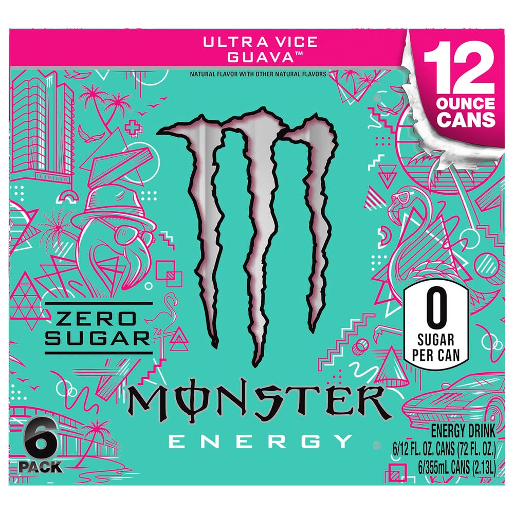 Monster Energy Sugar-Free Energy Drink, Ultra Vice Guava (6 x 12 fl oz)