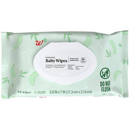 Walgreens Soothing Baby Wipes, Green Tea - Melon, 6.8 X 7 Inches (64 ct)