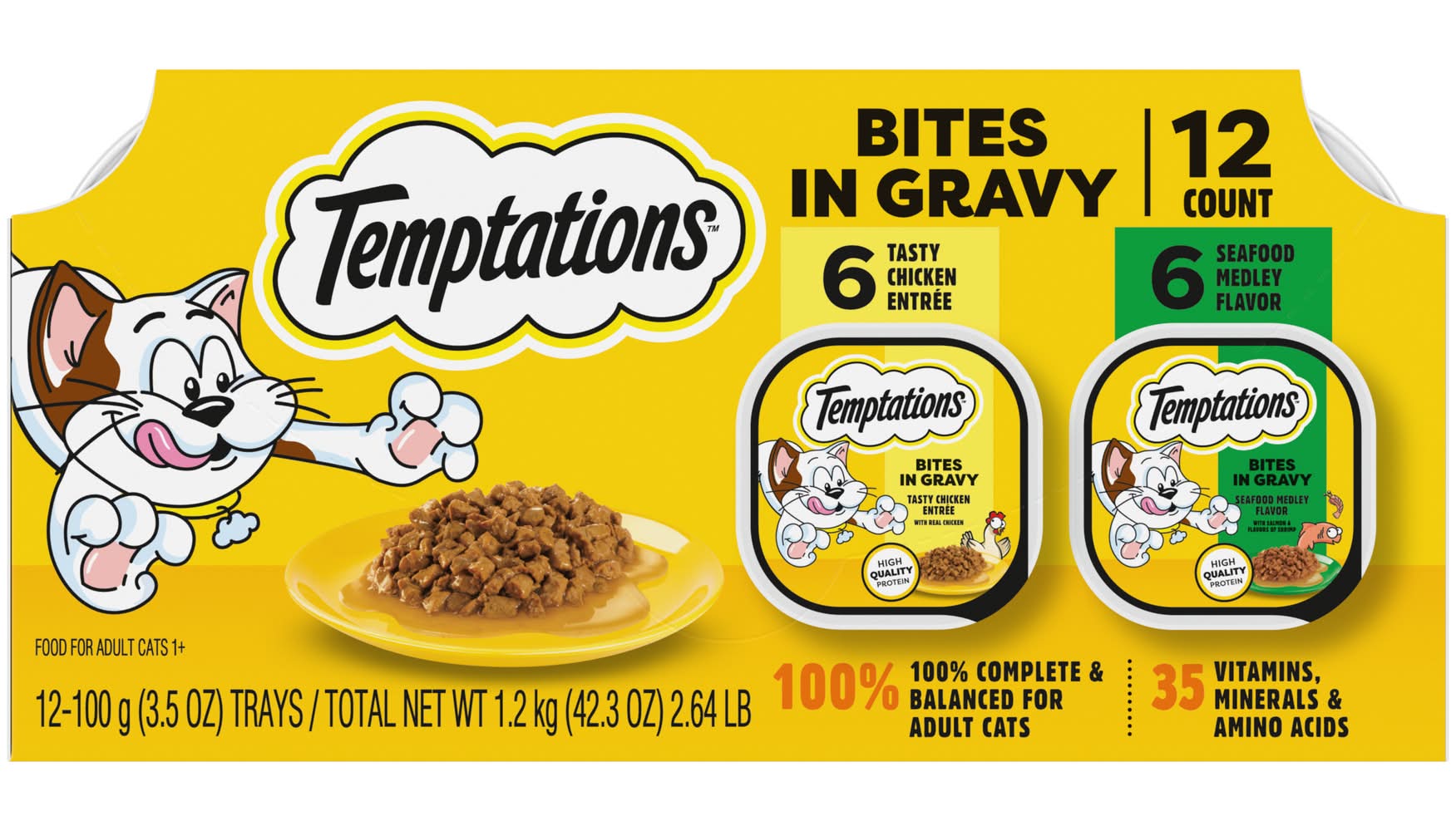 Temptations Bites in Gravy Wet Cat Food, Tasty Chicken Entree-Seafood Medley, Adult 1+ (12 x 3.5 oz)