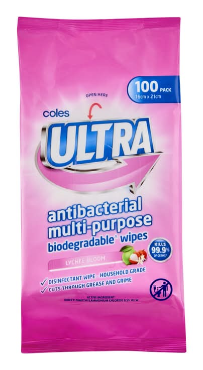 Coles Ultra Antibacterial Multipurpose Wipes, Lychee Bloom, 16x21 cm (100 pack)