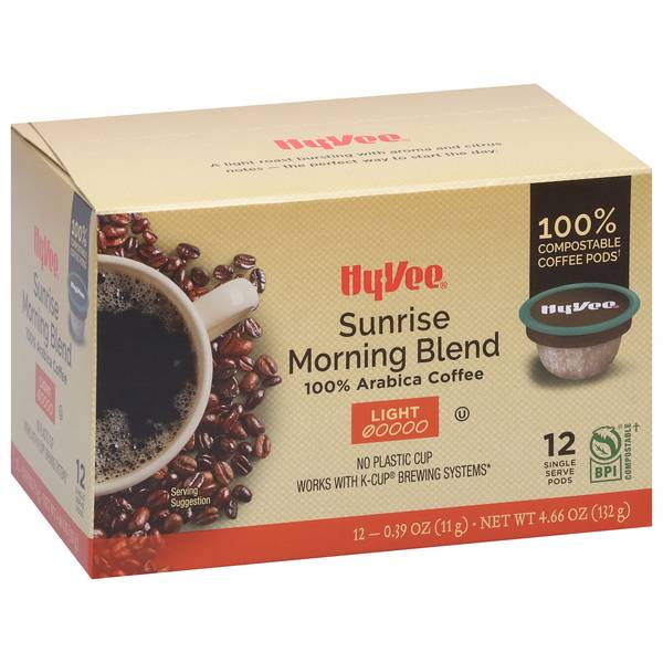 Hy-Vee Sunrise Morning Blend 100% Arabica Coffee Single Serve Pods (0.39 oz, 12 ct)