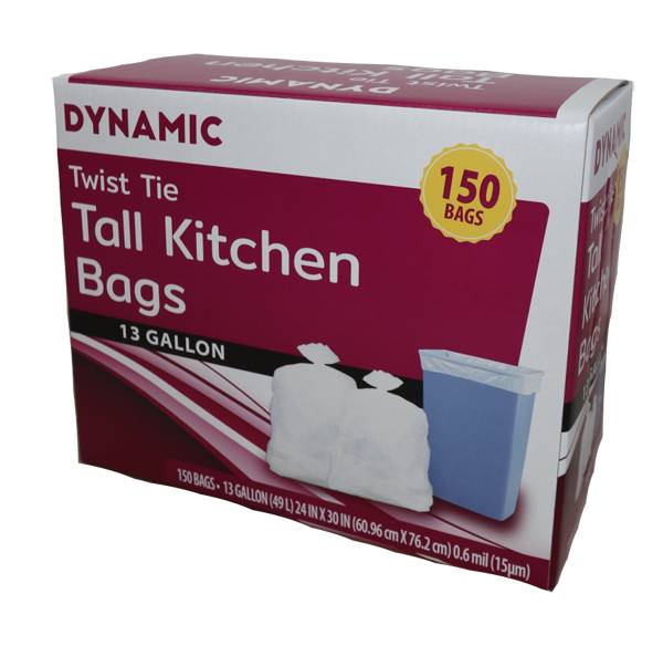 Dynamic 13 Gallon Twist Tie Trash Bags, 24'' x 30'', White (150 ct)