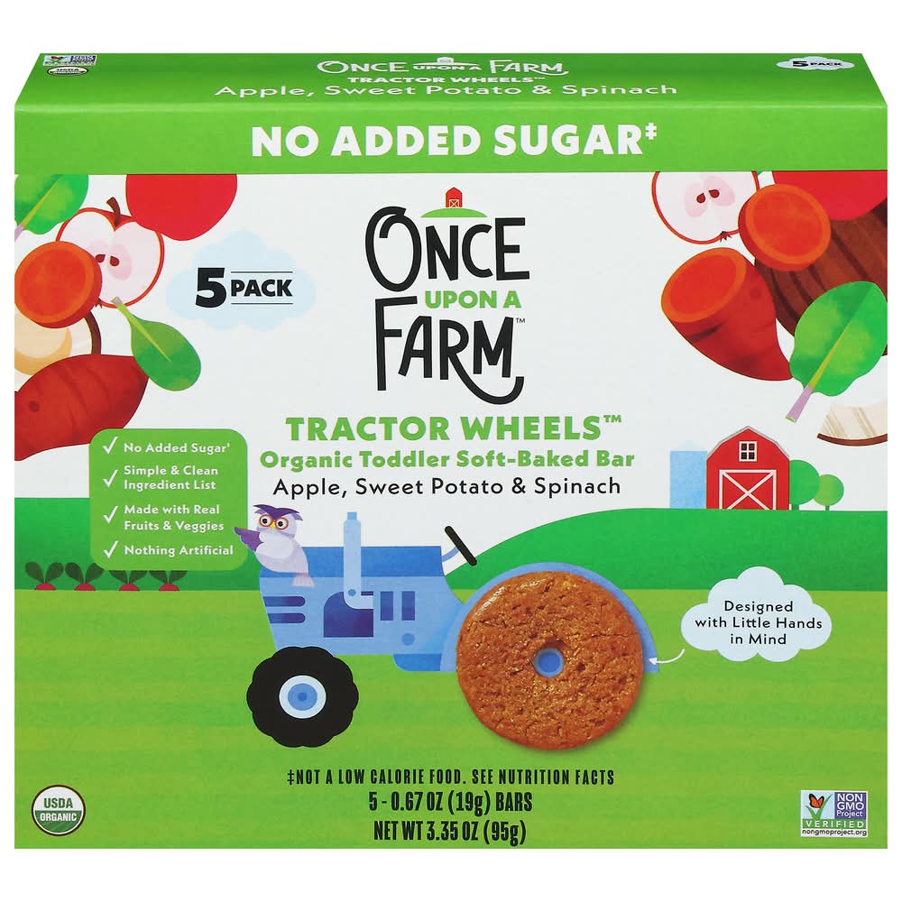 Once Upon a Farm Organic Toddler Tractor Wheels Soft Baked Bar, Apple-Sweet Potato & Spinach (5 x 0.67 oz)