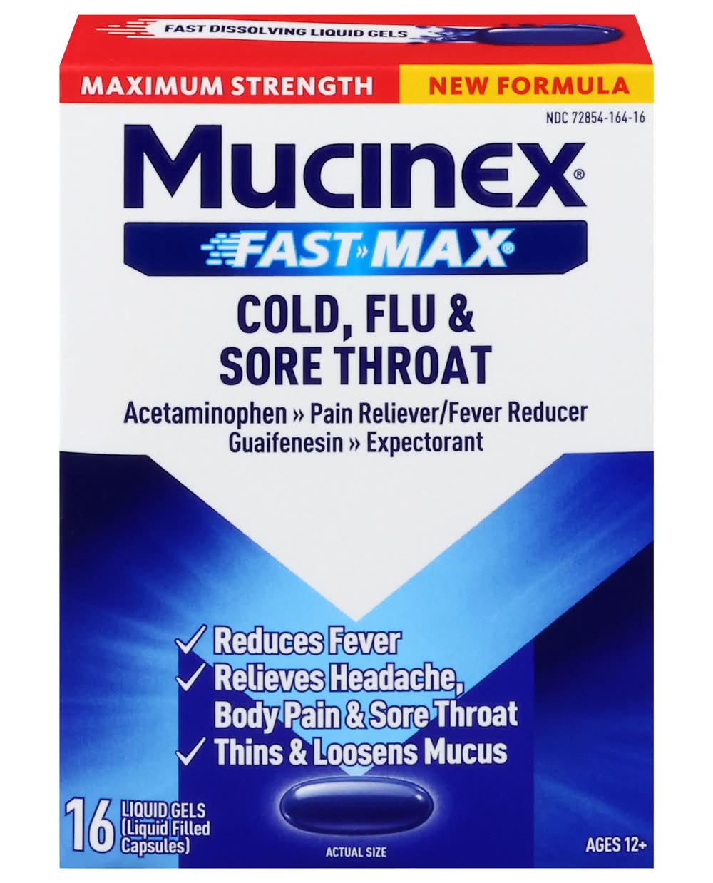 Mucinex Fast-Max Cold Flu & Sore Throat Liquid Gel Filled Capsules 12+ Years (16 ct)