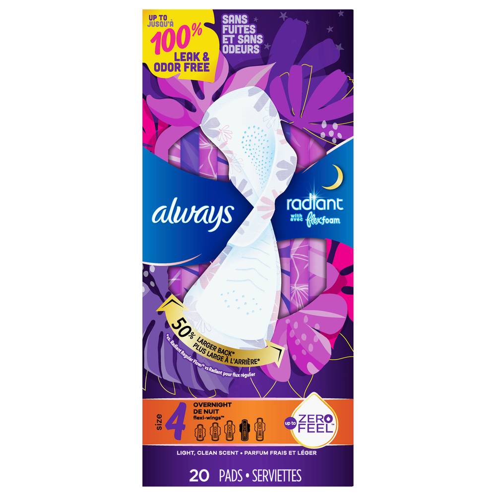 Always Radiant Size 4 Scented Overnight Pads With Wings (20 pads)