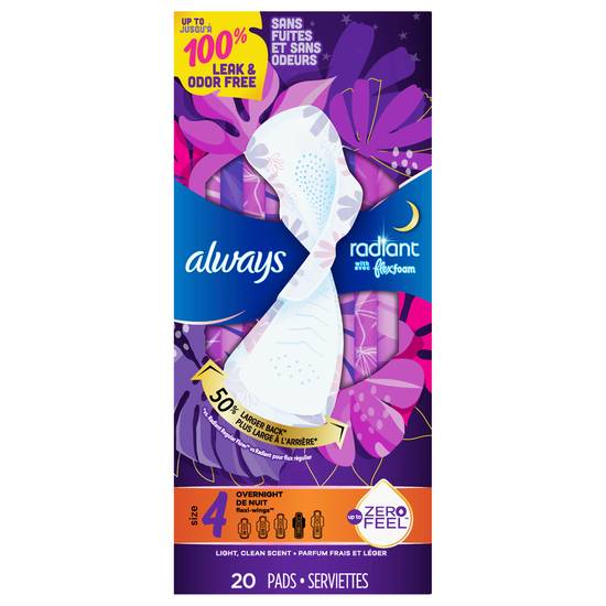 Always Radiant Size 4 Scented Overnight Pads With Wings (20 pads)