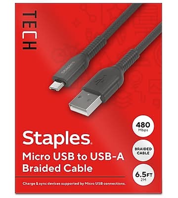 Staples TECH Micro USB to USB-A Charging Cable, 6.5 ft., Black (ST62328)