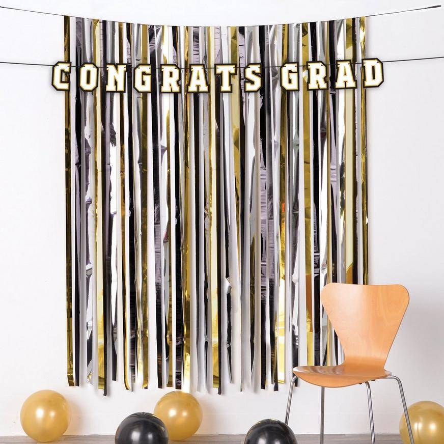 Black, Silver, Gold Congrats Graduation Fringe Curtain Backdrop Kit, 4ft x 6ft, 2pc