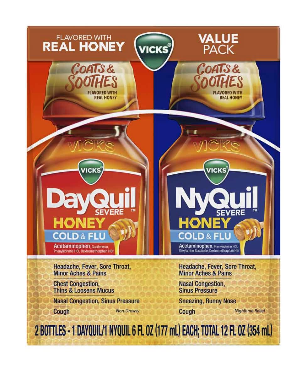 Vicks Dayquil & Nyquil Severe Cold & Flu Relief Liquid Value pack, Honey (12 fl oz, 2 ct)