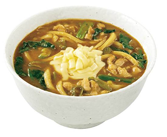 ハーフチーズ・ハーフほう��れん草カレーうどん Curry udon  with cheese (half) and spinach (half)