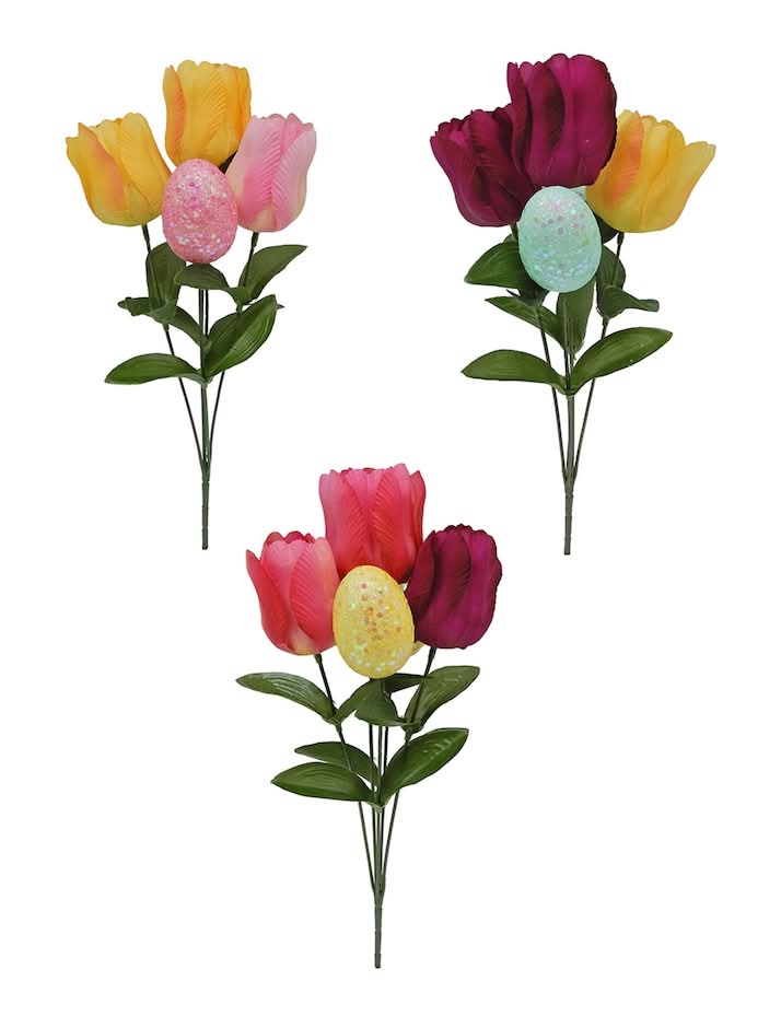 SANHE FLORAL PRODUCTS FACTORY Easter Themed Artificial Flower Bushes With Egg Accents, 5 in, Assorted