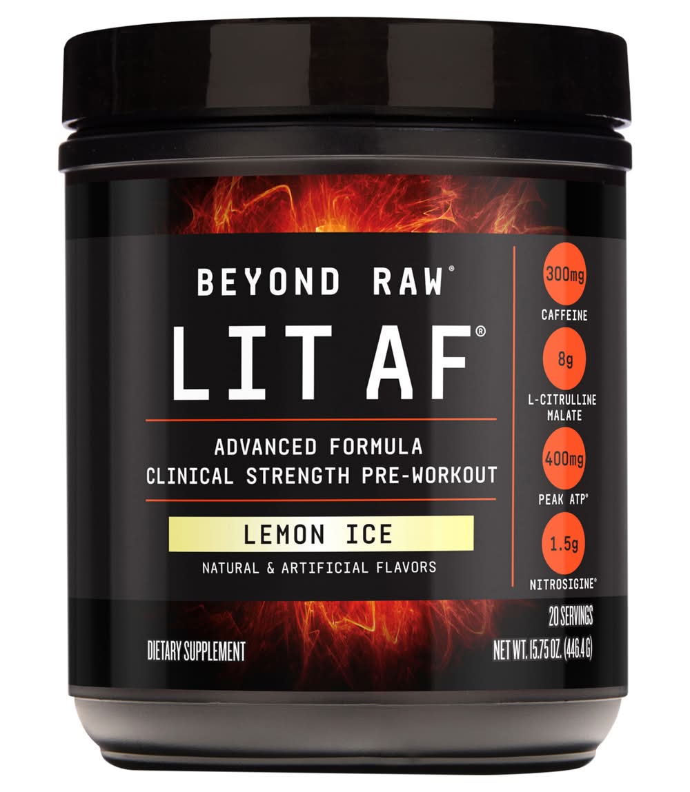 Beyond Raw Lit Af Pre-Workout Supplement Powder, Lemon Ice (16.21 oz)